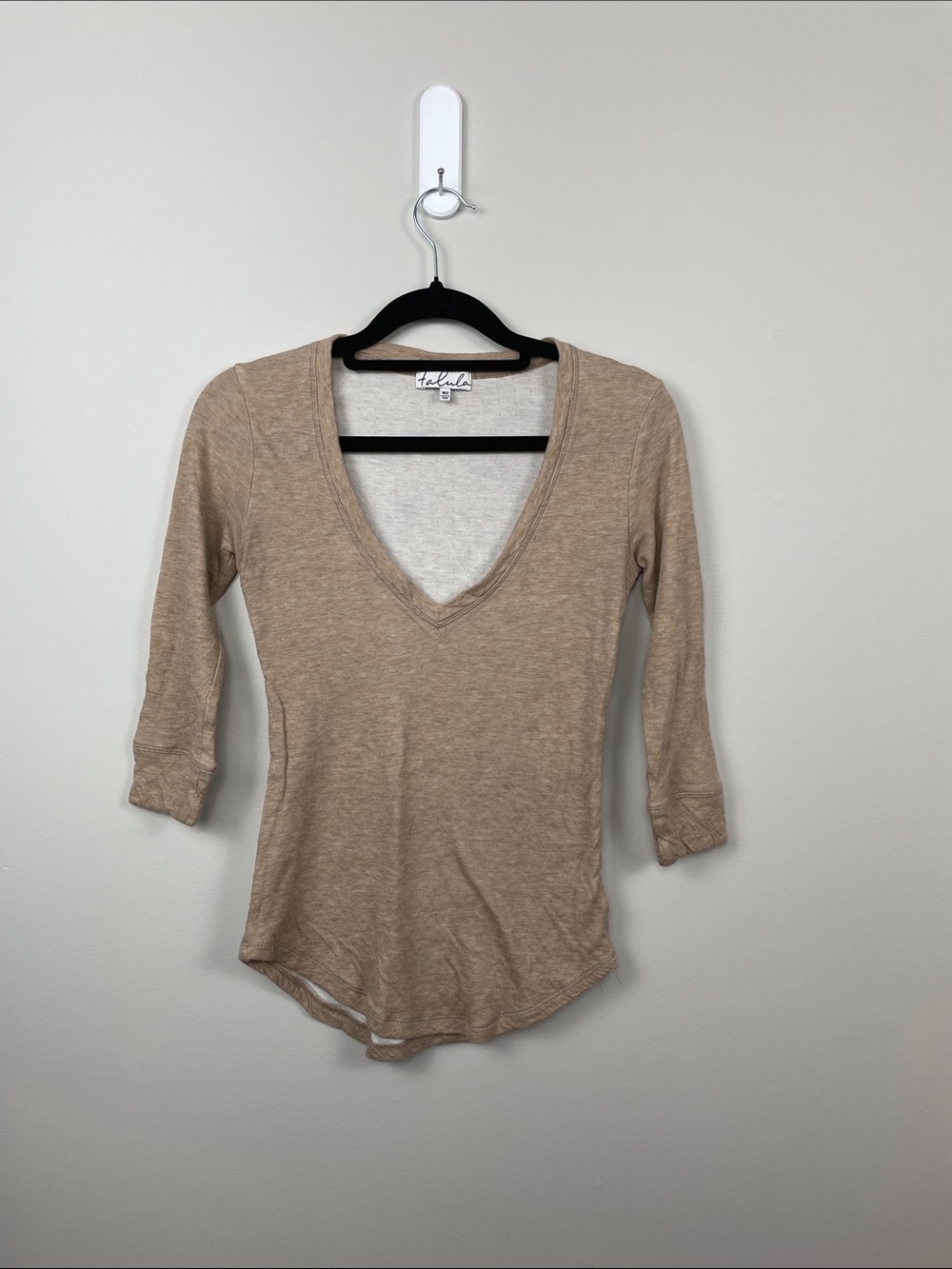 Talula Deep V Long Sleeve Tee in Light Tan